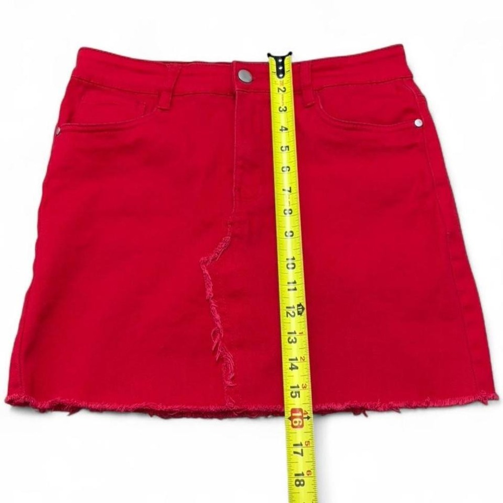 Denim Mini Skirt Cherry Red Vintage-Vibe Dollhouse Frayed hem Size 9 Y2K grunge - Picture 5 of 8